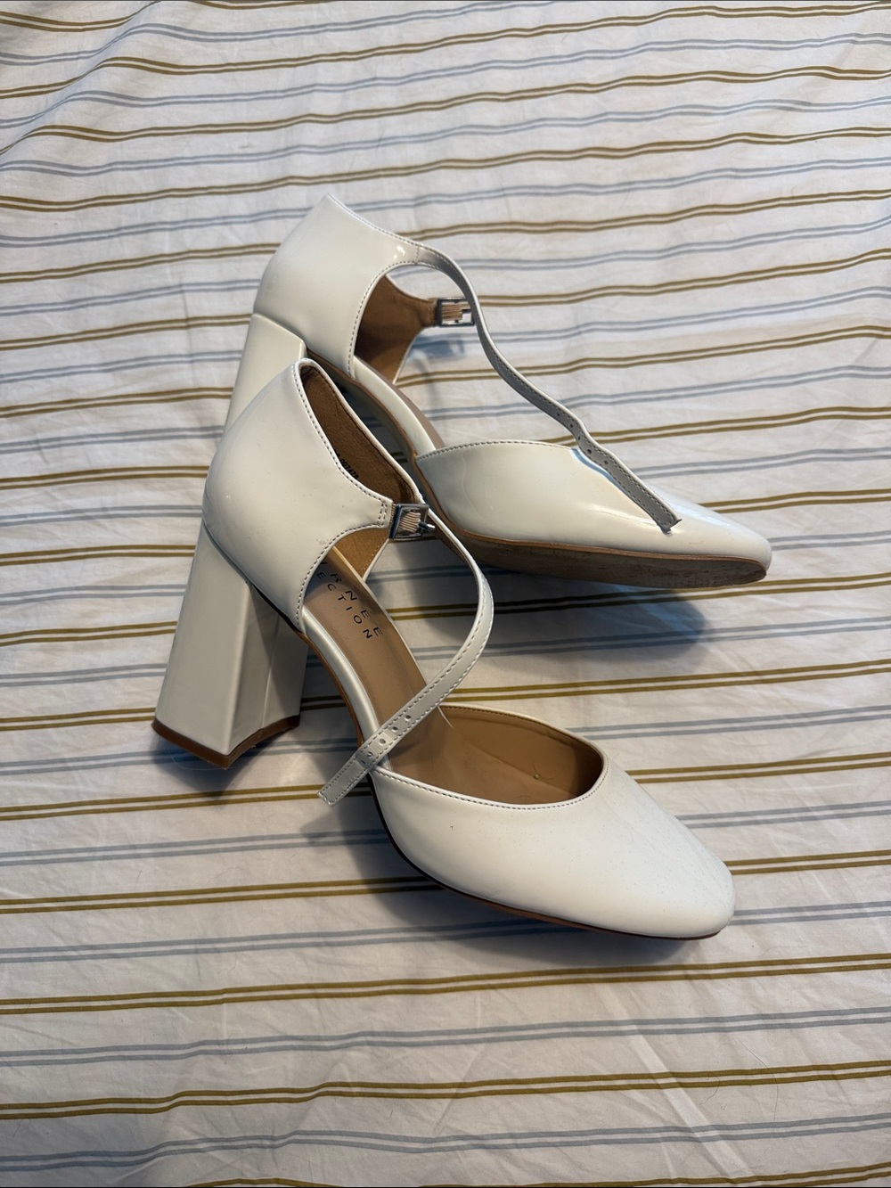 Women's White T-Strap Block Heel